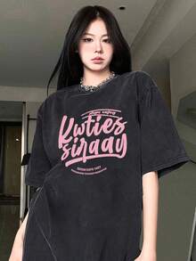 Camiseta de manga corta para mujer, de alto gramaje, lavada pura, con estampado de dibujos animados de verano y efecto desgastado, diseño de nicho único, ajuste #1111 - Negro - Ver 1
