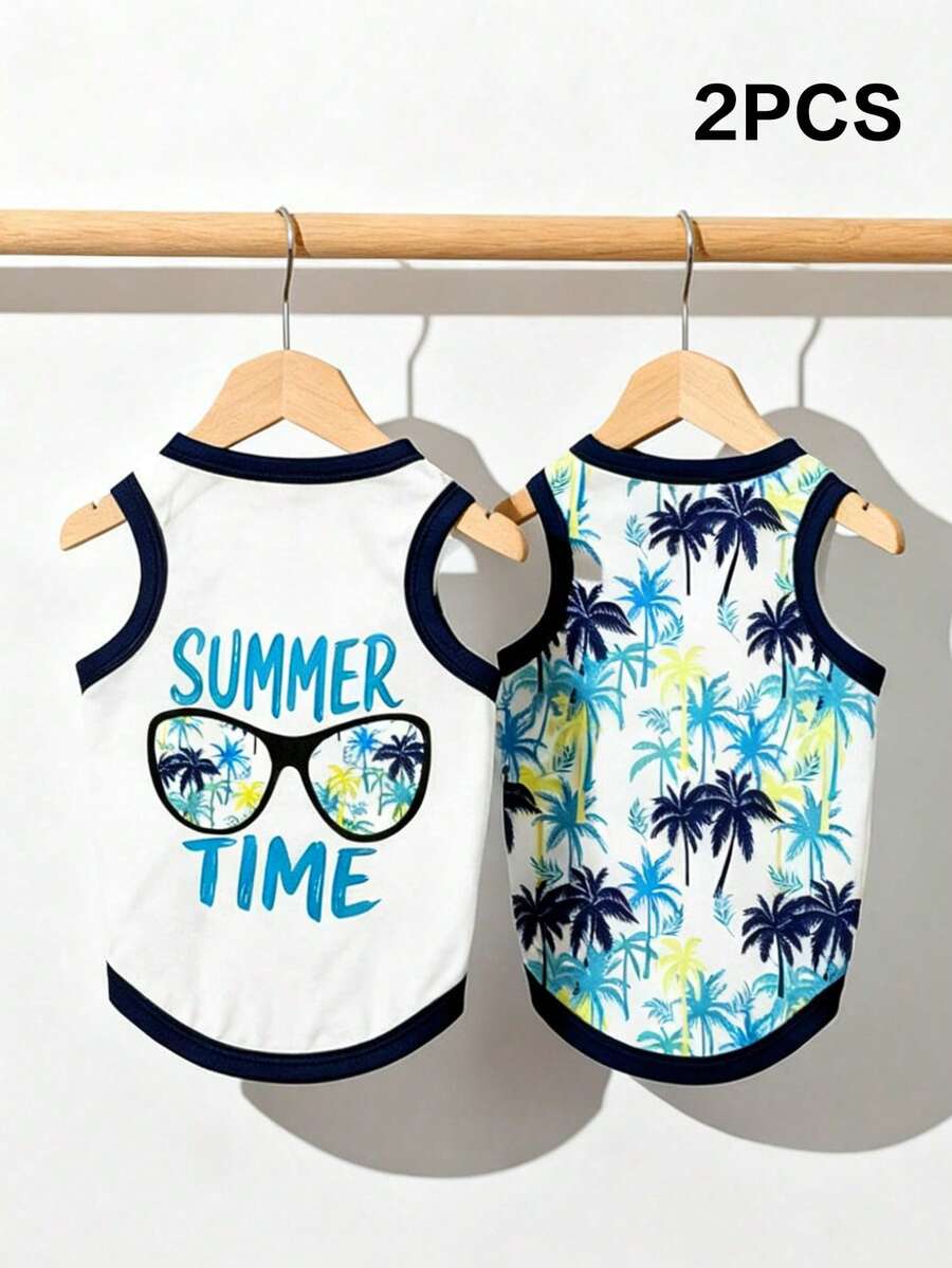 LUCKIE LABO 2pcs/Set Summer Vacation Coconut Tree Funny Print Pet Vest, Physical Flea Repellent, Reduce Shedding, Heat Insulation & Breathable, Suitable For Small & Large Dogs, Indoor & Outdoor - Multicolor - View 1