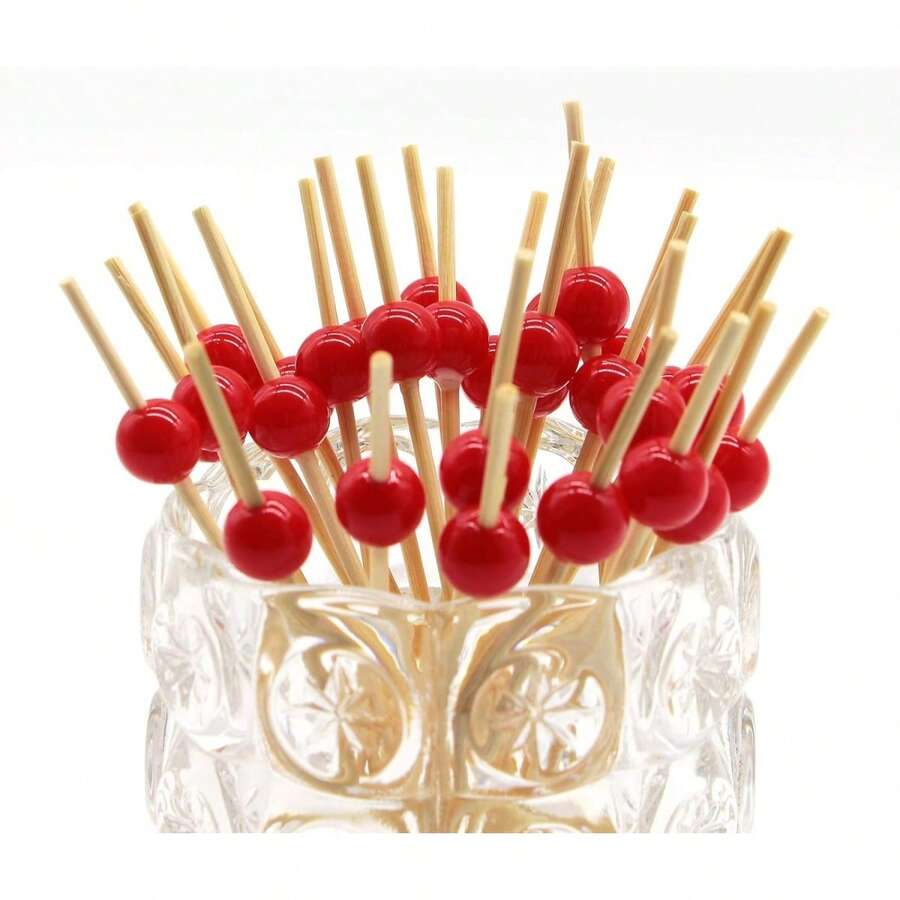 100pcs Red Bead Bamboo Skewers, Appetizer Picks, Smooth Splinter-Free, Suitable For Wedding, Birthday, Party, Graduation, Anniversary, Dining, School Events, Christmas, Halloween, Thanksgiving, Essential Kitchen Utensil - Red - View 1