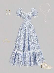 MOD Vestido largo de encaje blanco con volantes estilo victoriano vintage, vestido de fiesta, vestido de graduación, con exquisita mano de obra - Azul y blanco - Ver 6