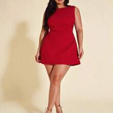 Plus Size Women's Sleeveless V-Neck Waist Ruched Beaded Back Zipper Dress, 
Plus-Size Women's White Knit Pearl Dress, Versatile For Date Nights, Elegant Cocktail Parties/Music Festivals/Dates/Parties/Nightclubs/Outings/Street Style/Summer Wear, Women's Summer Outfits, Summer Vacation Outfits, Women's Holiday Outfits, Short Dress. - Rosa Pálido - Ver 8
