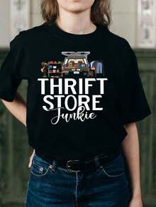 Camiseta de manga corta para mujer, 1 pieza, con estampado de maletero de coche, cuello redondo, camiseta casual de algodón, tejido de punto de elasticidad media, corte regular para damas, ideal para primavera/verano/otoño, Día de la Independencia, Día del Trabajo, Día de Acción de Gracias, camiseta de verano. - Negro - Ver 1