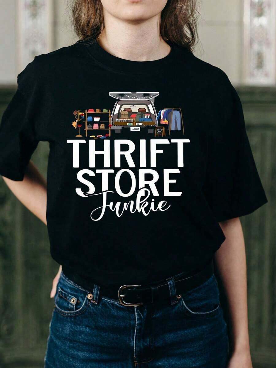 Camiseta de manga corta para mujer, 1 pieza, con estampado de maletero de coche, cuello redondo, camiseta casual de algodón, tejido de punto de elasticidad media, corte regular para damas, ideal para primavera/verano/otoño, Día de la Independencia, Día del Trabajo, Día de Acción de Gracias, camiseta de verano. - Negro - Ver 1