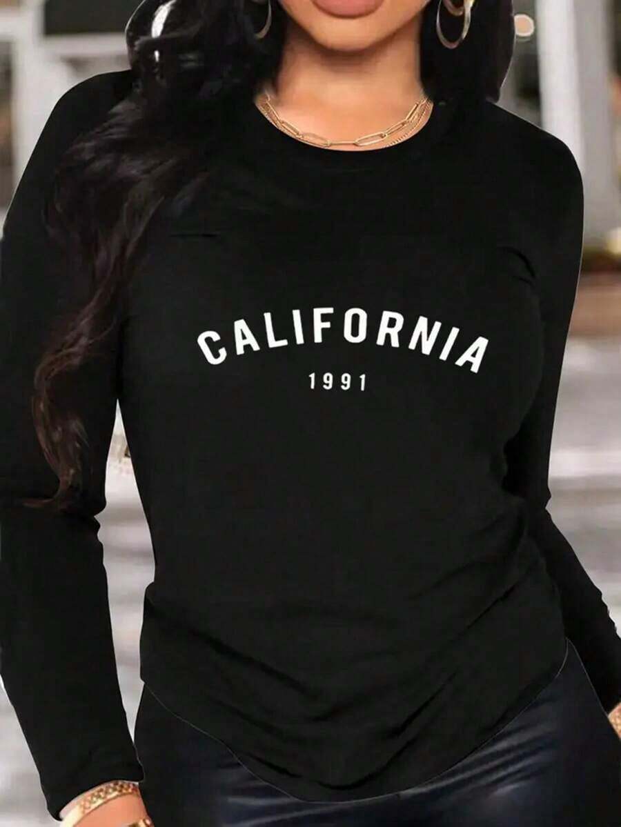 Women's Graphic T-Shirt, Long Sleeve, Round Neck, Basic, Comfortable, Cool, Lightweight, Modern, Youthful, Casual, Urban, Soft, Cool Print, California, Los Angeles, Lettering, City, America - 黑色 - 查看 1