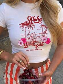 1 pieza de camiseta de verano para mujer, de cuello redondo, manga corta, corte ajustado, informal, con estampado inglés de palmeras, tablas de surf y costas, estilo Y2K, adecuada para primavera, verano, playa, calle, uso diario, trabajo, fiestas de oficina, salidas, carnaval, festivales de música, Día de San Valentín, fiestas, color blanco. . Estilo Y2K, estilo a la moda, lo más nuevo de 2026, estilo lindo, estilo casual. 180g (Tallas S-XXXL) - Blanco - Ver 4