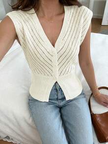 Áo khoác cardigan dệt kim màu trắng khoét lỗ mùa hè mới, cổ chữ V, cài một hàng khuy, dáng ôm, phong cách công sở thanh lịch, phù hợp cho đi làm và mặc thường ngày vào mùa xuân/hè. - trắng - Xem 3