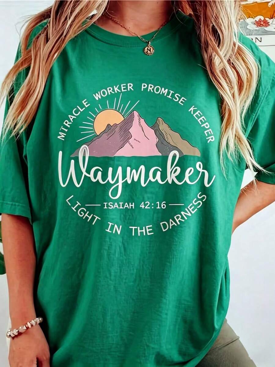 Women's Waymaker Christian Faith T-Shirt - Miracle Worker Promise Keeper Short Sleeve Round Neck Casual Church Wear With Jesus Name & Religious M - 綠色 - 查看 1