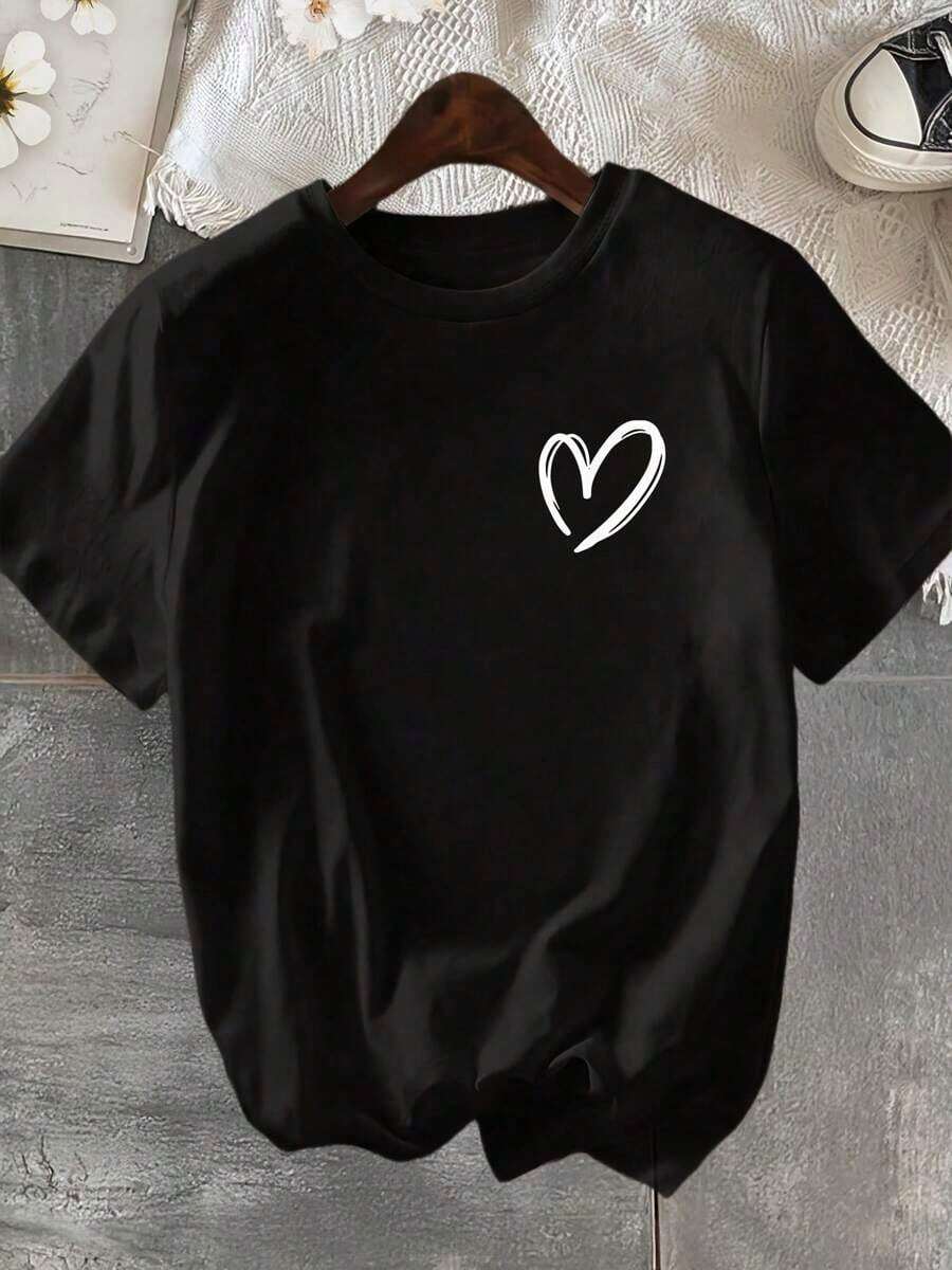 1 Piece, "New 2026", Fitted Crew Neck T-Shirt With Clover And Heart Print - Spring/Summer Top For Women Available In 180g 100% Cotton, All Prints Are Printed. Unisex. - Black 3 - View 1