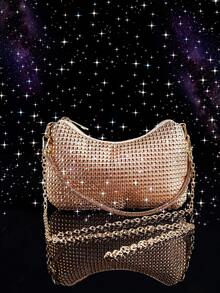 Niche Design Minimalist Evening Bag With Rhinestone Decor, Suitable For Party, Date, Shopping, Versatile Small Handbag - Champagne - View 7