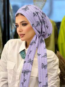 Khăn trùm đầu kiểu turban in hình bướm, màu be, chất liệu vải nhăn, nhẹ, kín đáo dành cho phụ nữ Hồi giáo. - màu sắc - Xem 15