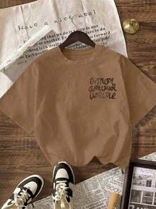 Women's "More Love" Leopard Print Round Neck Short Sleeve T-Shirt, Casual, Black, For Summer, Autumn/Back To School. - 菸草 - 查看 3
