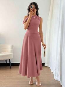 Elenzya Vestido elegante, de moda y lindo de estilo bohemio francés con volante asimétrico en el hombro y diseño entallado y acampanado en color verde macaron, adecuado para ocasiones de verano como vacaciones, graduación, Día de la Independencia, citas, vacaciones - Rosa vieja - Ver 3