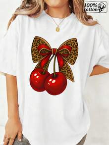 Moda Mujeres Camiseta Blanca Frontal Impresión Cereza Leopardo Arco Diseño cómodo Casual Daily Wear Top de verano - Blanco - Ver 2