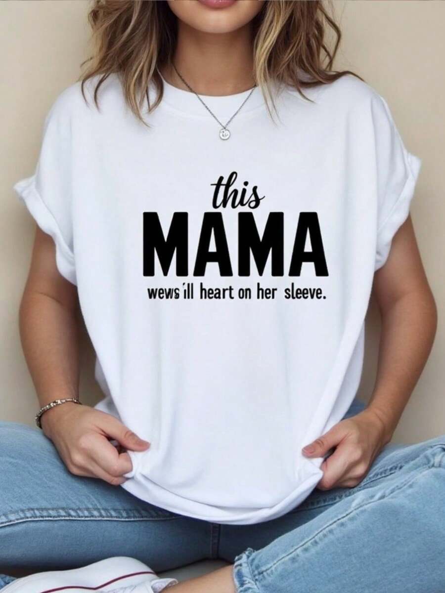 Esta MAMA va su corazón en su manga. Camiseta de manga corta con cuello de tulación blanco de verano de las mujeres, manga corta transpirable