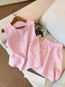 Conjunto de top de tirantes y shorts con bordado floral diminuto - Rosa - Ver 3