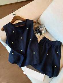 Conjunto de top de tirantes y shorts con bordado floral diminuto - azul real - Ver 6