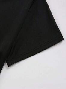 Camiseta casual de verano de una pieza, con estampados en inglés y de dibujos animados, de manga corta y cuello redondo, adecuada para mujeres. - Negro - Ver 3