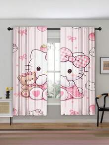 SANRIO Cute Printed Curtains (2pcs/Set) - Premium Cartoon Print Decorative Curtains, Rod Pocket Design, Suitable For All Seasons; Ideal For Outdoor, Gazebo, Bedroom, Kitchen, Office, Study And Living Room. A Must-Have Home Decor Item That Effectively Blocks Sunlight, Combining Aesthetics And Practicality. - A - View 2