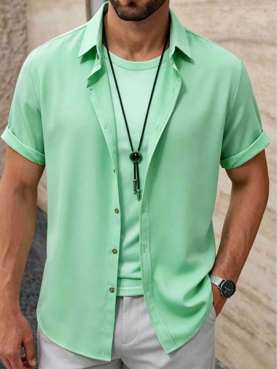 Men's Solid Color Business Casual Short Sleeve Shirt - Mint Green - View 1