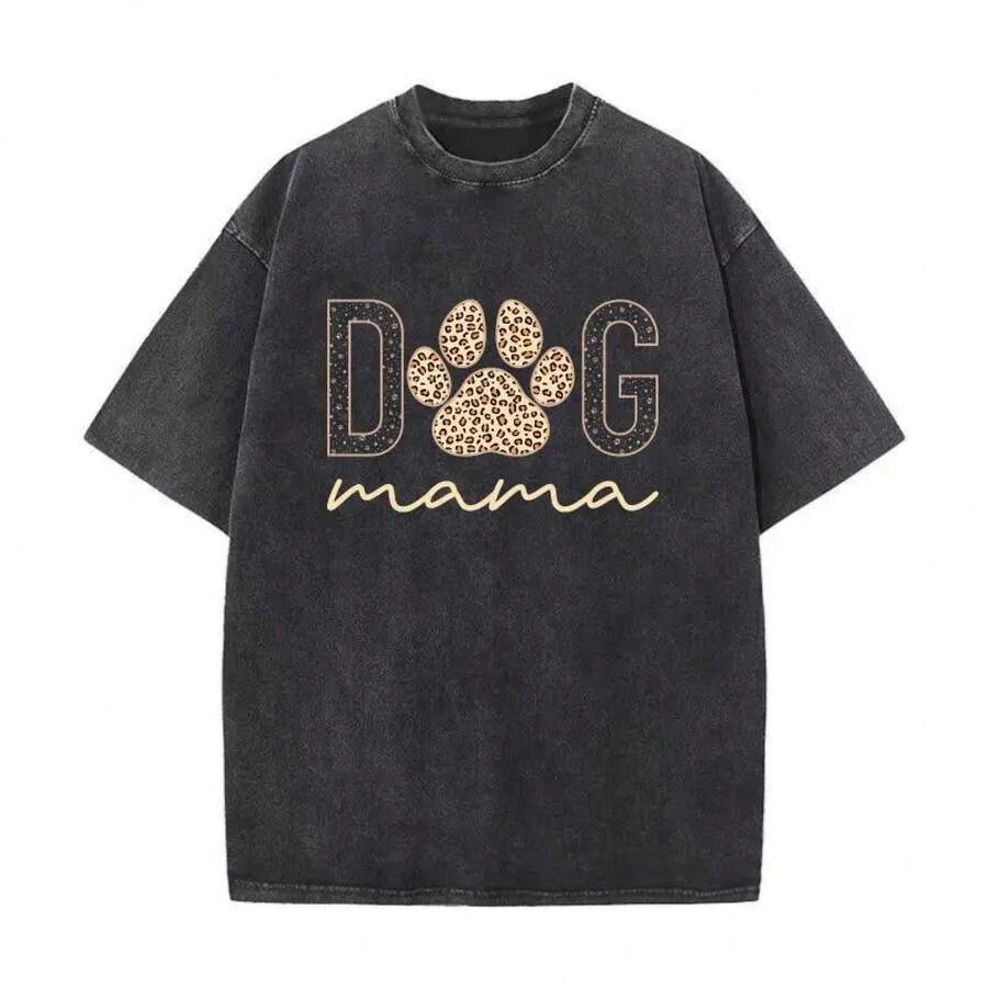 Camiseta de Mujer con Estampado de Leopardo - Estilo Urbano, Tela Vintage, Diseño de Pata de Mamá Perro, Regalo Casual y Lindo para el Día de la Madre - Negro - Ver 1