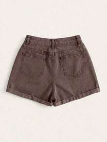 Pantalones cortos vaqueros de cintura alta enrollados para el verano - Café integral - Ver 2