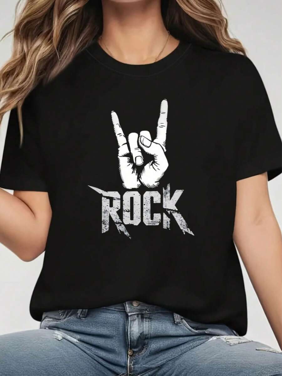 Women's Casual T-Shirt 002 | Women's Plus Size Crew Neck Casual T-Shirts, Rocker Style With Printed Designs, Ideal For Spring And Summer, 100% Durable Cotton - 黑色 - 查看 1