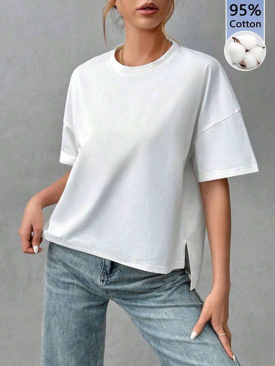 Camiseta holgada de estilo minimalista casual para mujer, con parte delantera corta y parte trasera larga, versátil para usar en la calle, adecuada para primavera y verano - Blanco 3 - Ver 1