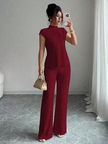 New Set Of Casual Solid Color Short Sleeve Pants For Women - 酒紅色 - 查看 1