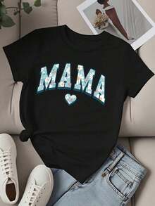 Camiseta de Cuello Redondo para Mujer con Estampado Floral y Diseño de Corazón, Manga Corta, Ropa Casual para el Día a Día para Madres y Mamás - Negro - Ver 2
