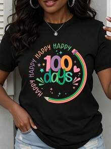 Camiseta de Cuello Redondo para Mujer con Estampado de Lápiz Arcoíris "Felices 100 Días de Escuela", Manga Corta para Eventos de Celebración Escolar - Negro - Ver 7