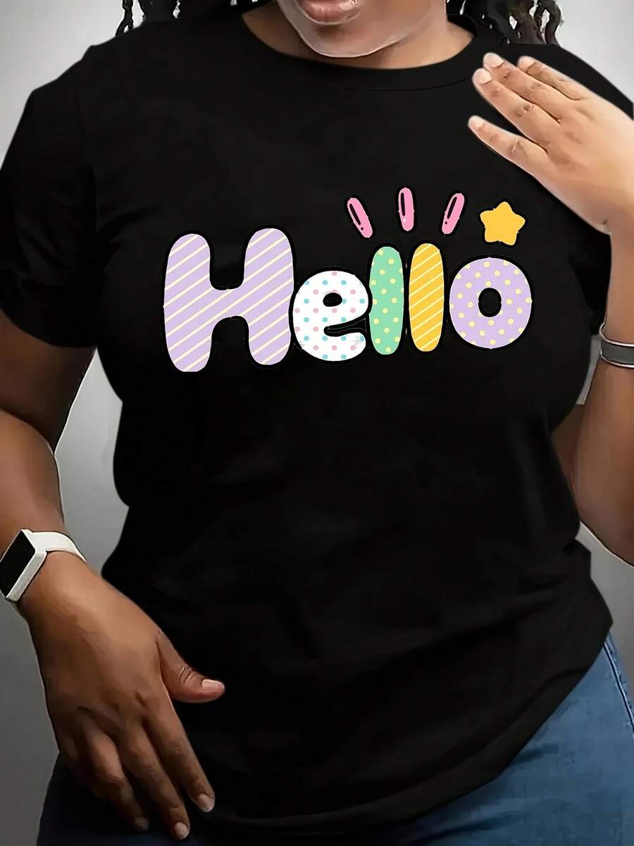 Camiseta de talla grande para mujer con estampado de la marca Hello - 100% de tela suave y transpirable, con un diseño de letras en degradado rosa y amarillo y divertidos detalles de estrellas, top casual de manga corta con cuello redondo para primavera, verano y otoño, cómoda para el uso diario, lavable a máquina, versátil para todas las estaciones. - Negro - Ver 1