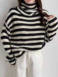 Striped High Neck Knit Pullover Sweater, Loose Slouchy Silhouette, Soft Thick Fabric, Versatile Slimming Youthful Casual Top For Autumn/Winter Fall - Multicolor - View 7