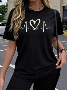 Women's Soft 100% Cotton Short-Sleeved T-Shirt, Single Pack, Fun EKG Heart Art Print Design, Elastic Round Neck Top, Comfortable Outdoor Wear In Spring And Summer, Cute Y2K Top, Loose, Casual, Simple And Fashionable Round Neck, Soft Fabric, Breathable Cotton T-Shirt With Daily Fashion Print, Matches With Everything. - 黑色 - 查看 6