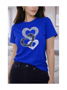 Camiseta suave 100% algodón para mujer con estampado de corazones entrelazados, efecto de textura brillante, estilo glamuroso y elegante, detalles de imitación de diamantes de imitación. Camiseta de algodón transpirable, combina con todo. - Azul - Ver 6