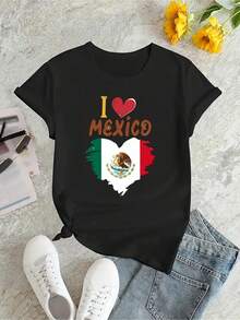 "I Heart Mexico" Graphic Print T-Shirt, Casual Short Sleeve Round Neck Top, Women's Knit T-Shirt In Polyester And Spandex Blend, Versatile And Comfortable Garment For All Seasons, Y2k T-Shirt. - 黑色 - 查看 2