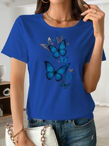 GiftBlue Butterfly Print T-Shirt, Fashionable Women's T-Shirt, Medium Elasticity, Casual Loose Short Sleeve Top, Soft Women's Clothing - 藍色 - 查看 4