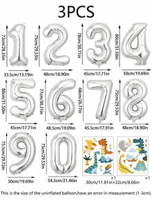 3pcs 32-Inch Silver Number Balloon Set, Large 0-9 Digit Foil Balloons, Forest Dinosaur Stickers, Suitable For Birthday Party, Animal Party, Home Party Decoration - Silver - View 6