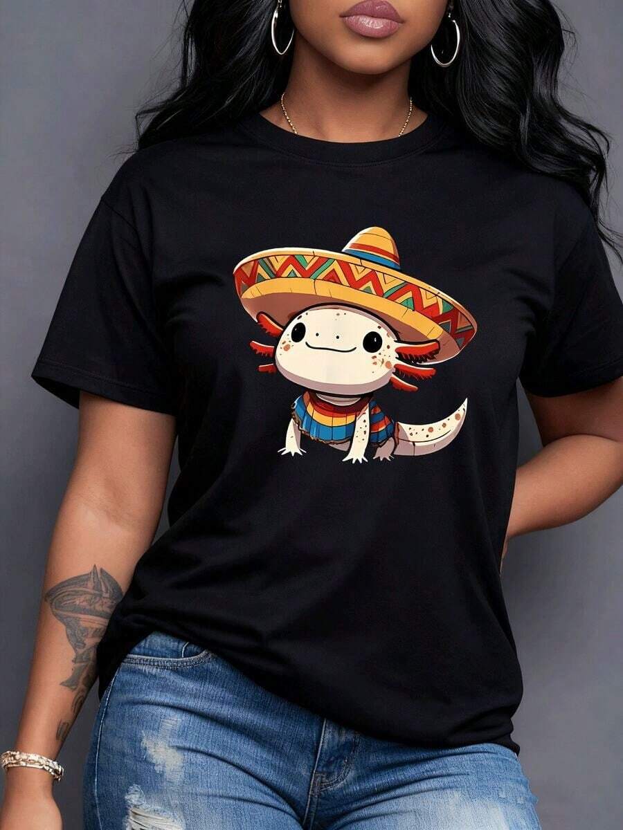 A Smiling Axolotl Wearing A Festive Mexican Hat And A Vibrant Striped Poncho Represents The Joy And Culture Of Mexico. An Adorable Aquatic Creature. Women's T-Shirt, 100% Soft, Breathable Cotton, Perfect For Summer. - 黑色 - 查看 1
