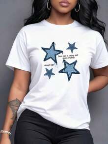 Each Unique Star Of Frayed Fabric With Worn Edges Symbolizes Individuality And Shines With Eternal Light, Radiating Brilliance And Hope-An Authentic Celestial Touch. Women's T-Shirt, 100% Cotton, Maija Women's Curvy. - 白色 - 查看 7