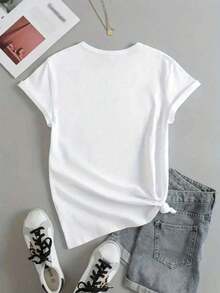 Personalized Women's White Cotton T-Shirt With Rooster Design "Secret Ingredient Is Love", Round Neck And Short Sleeves, Casual And Fun, Perfect For Cooking Lovers Or Original Gift, Regular Size, Lightweight Summer Clothing. Unisex Vintage Urban Style Loose Fit Cotton Short Sleeve Round Neck T-Shirt - 白色 - 查看 3