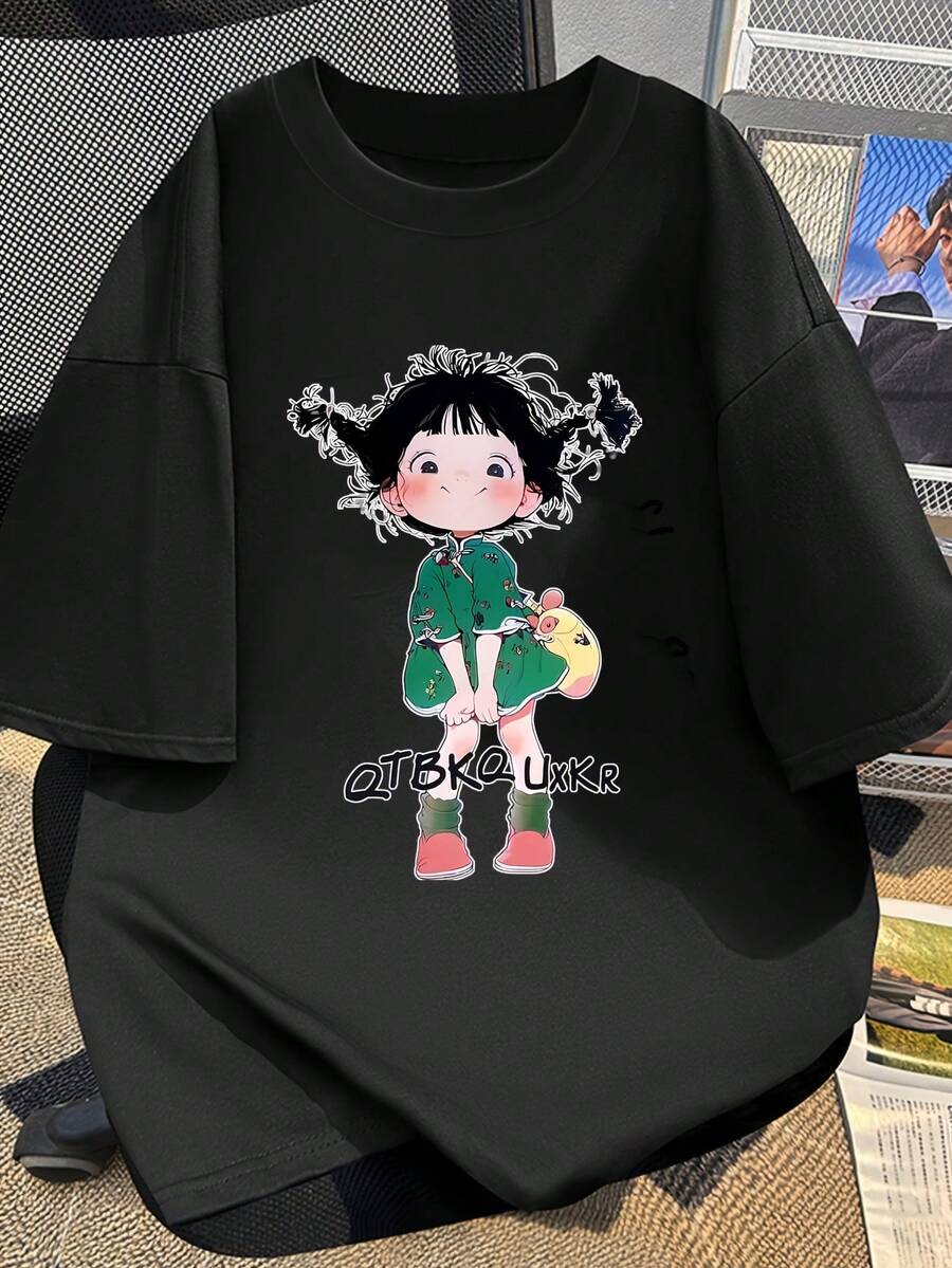 Camiseta de manga corta para mujer, diseño de verano, corte ajustado, estampado de dibujos animados, top básico. # Camiseta de algodón puro 3333 - Negro - Ver 1