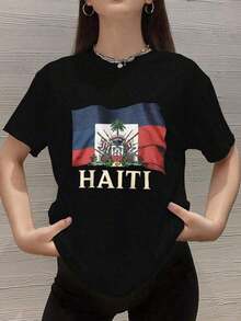 1 Piece T-Shirt With The Coat Of Arms Of Haiti, 100% Cotton, Vintage Style, Round Neck, Breathable, Comfortable, Holiday Clothing, 180g - 黑色 - 查看 8
