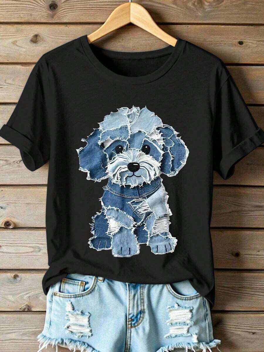 Custom T-Shirt With Vintage Patchwork Style Dog Graphic Print, Minimalist Short Sleeve Round Neck Top For Women, Suitable For Daily Use - Urban Vintage Style Short Sleeve Round Neck Cotton T-Shirt. - 黑色 - 查看 1