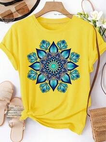 Camiseta de Manga Corta para Mujer, Estilo , Estampado Mandala Azul-Verde, Primavera Verano Otoño, Elegante, Versátil, Casual, Deportiva, Cuello Redondo, Suave y Cómoda, Tallas S-XXL, Novedad 2026 - 100% Algodón Transpirable - Verde - Ver 8
