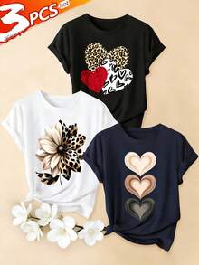 Women's Leopard Heart Print T-Shirts - Casual Short Sleeve Crew Neck T-Shirts. Stylish, Soft, And Lightweight Summer Shirt For Ladies, A Single Piece, Not A 3-Piece Set.  Bohemian Style Outfit. Loose-Fitting, Casual, And Versatile T-Shirt. - 藏蓝色 - 查看 1