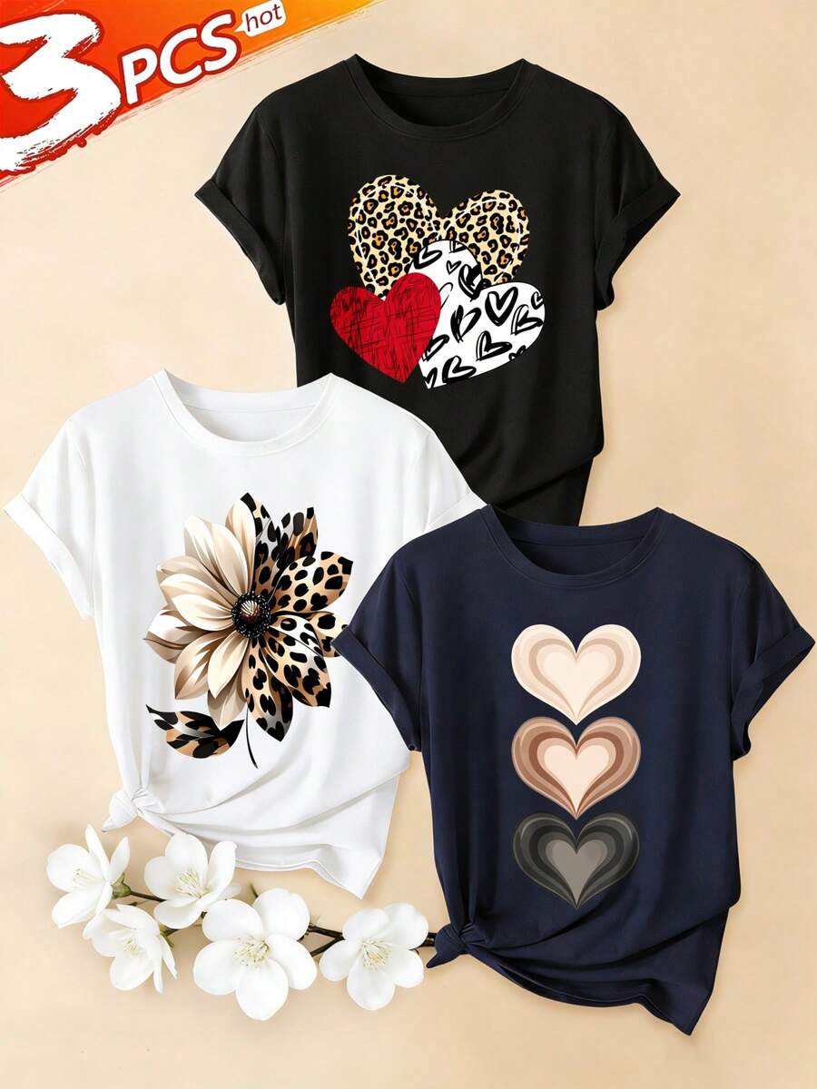 Women's Leopard Heart Print T-Shirts - Casual Short Sleeve Crew Neck T-Shirts. Stylish, Soft, And Lightweight Summer Shirt For Ladies, A Single Piece, Not A 3-Piece Set. Bohemian Style Outfit. Loose-Fitting, Casual, And Versatile T-Shirt. - 藏蓝色 - 查看 1