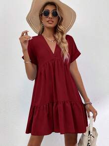 LUNE Vestido con puños enrollados, dobladillo con volantes y unicolor borgoña para outfit de mujer - Burdeos - Ver 6