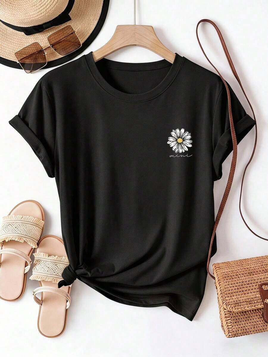 Camiseta de mujer estampada de manga corta para verano, tela de poliéster, estilo multifuncional, corte regular, peso 180 gramos, 1 unidad. - Negro - Ver 1