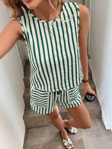 Set de 2 piezas de top corto sin mangas a rayas y pantalones, conjunto informal de verano con bolsillos para mujer - Verde - Ver 5
