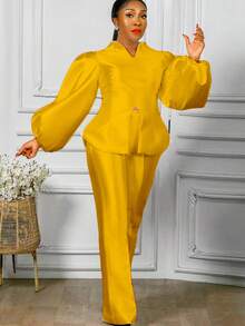 Conjunto de dos piezas: top de manga abullonada color liso y pantalones de pierna ancha - Amarillo - Ver 1